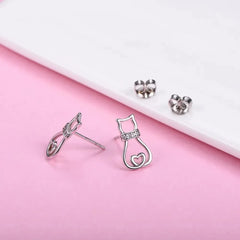 Sterling Silver Cat Stud Earrings For Women Dainty CZ Brincos Earrings - PeticaDeals
