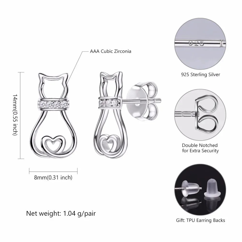 Sterling Silver Cat Stud Earrings For Women Dainty CZ Brincos Earrings - PeticaDeals