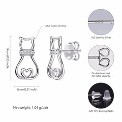 Sterling Silver Cat Stud Earrings For Women Dainty CZ Brincos Earrings - PeticaDeals