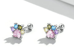 Sterling Silver Colorful Zirconium Paw Women Ear Studs Rainbow Stud Earrings for Girl Fine Jewelry - PeticaDeals