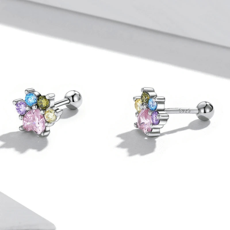 Sterling Silver Colorful Zirconium Paw Women Ear Studs Rainbow Stud Earrings for Girl Fine Jewelry - PeticaDeals