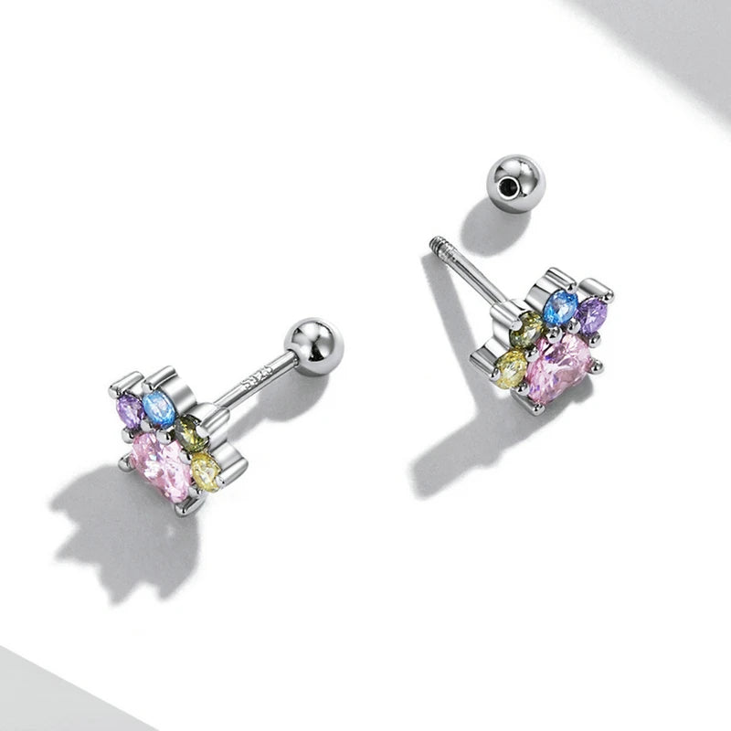Sterling Silver Colorful Zirconium Paw Women Ear Studs Rainbow Stud Earrings for Girl Fine Jewelry - PeticaDeals