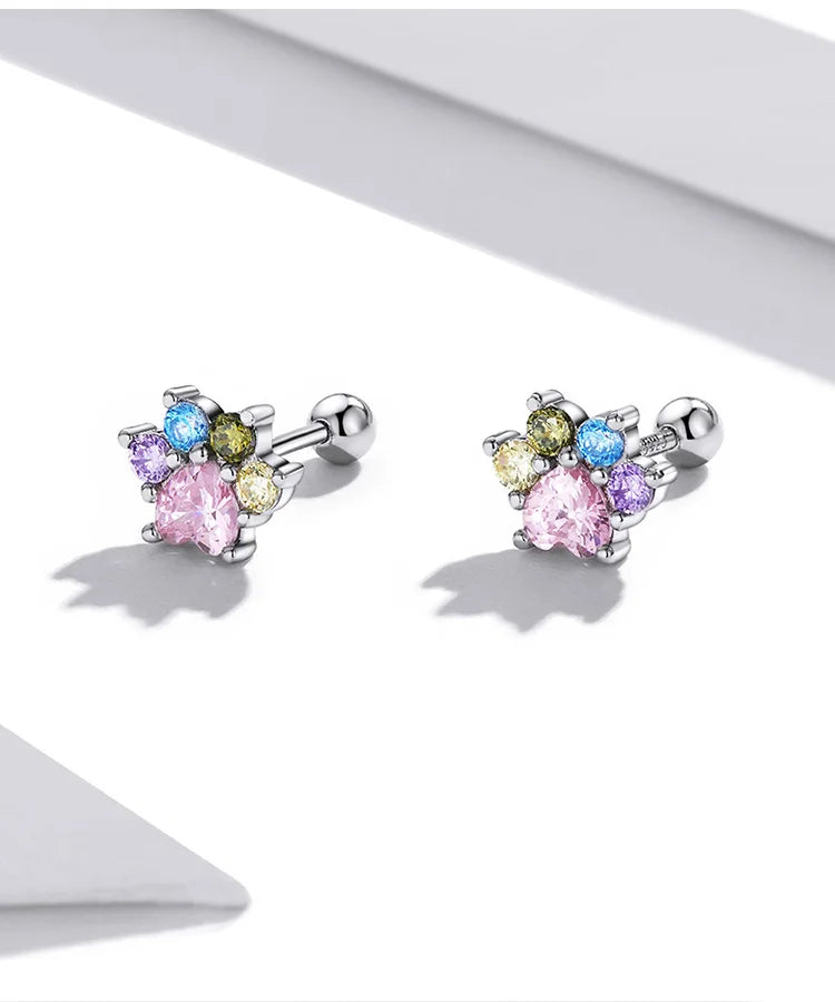 Sterling Silver Colorful Zirconium Paw Women Ear Studs Rainbow Stud Earrings for Girl Fine Jewelry - PeticaDeals
