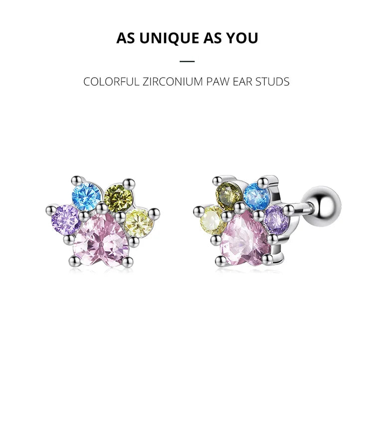 Sterling Silver Colorful Zirconium Paw Women Ear Studs Rainbow Stud Earrings for Girl Fine Jewelry - PeticaDeals