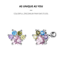 Sterling Silver Colorful Zirconium Paw Women Ear Studs Rainbow Stud Earrings for Girl Fine Jewelry - PeticaDeals