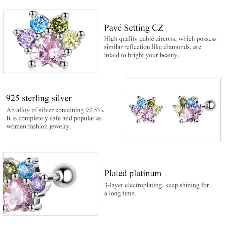 Sterling Silver Colorful Zirconium Paw Women Ear Studs Rainbow Stud Earrings for Girl Fine Jewelry - PeticaDeals