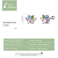 Sterling Silver Colorful Zirconium Paw Women Ear Studs Rainbow Stud Earrings for Girl Fine Jewelry - PeticaDeals