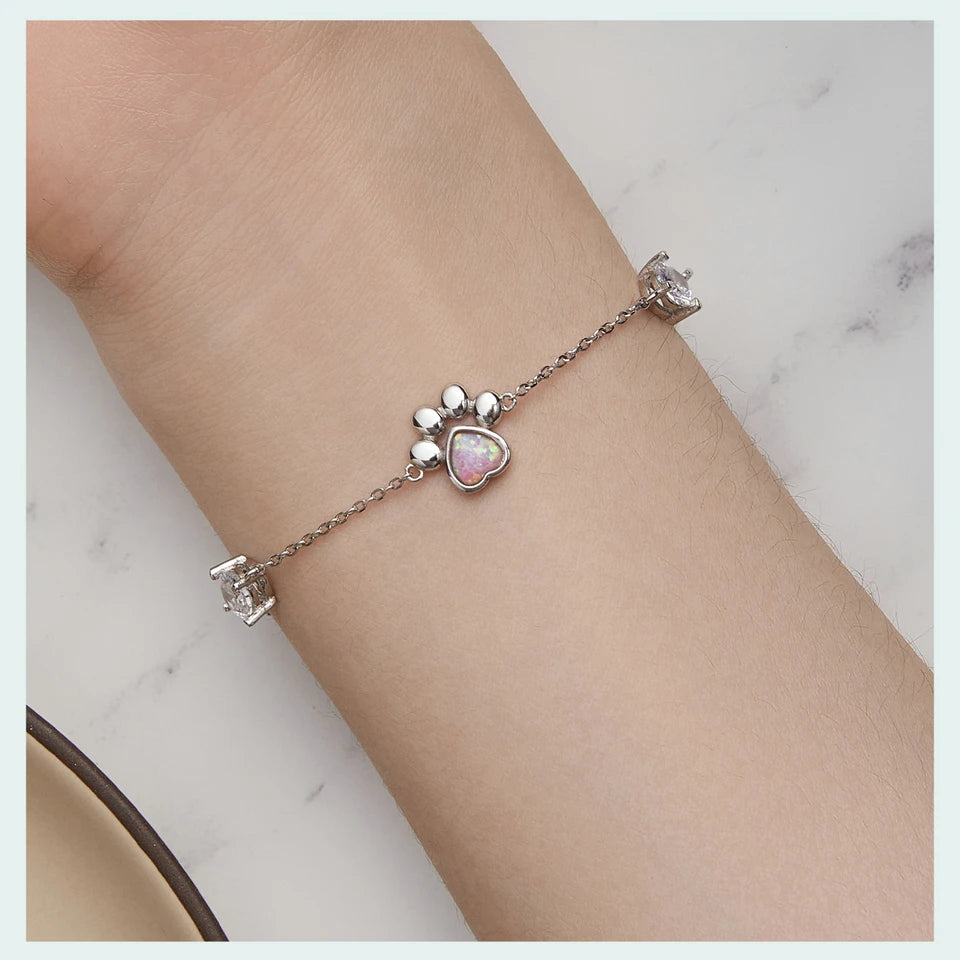 Sterling Silver Cut White Opal Cat Dog Paw Charm Bracelet For Women Fine Jewelry - PeticaDeals
