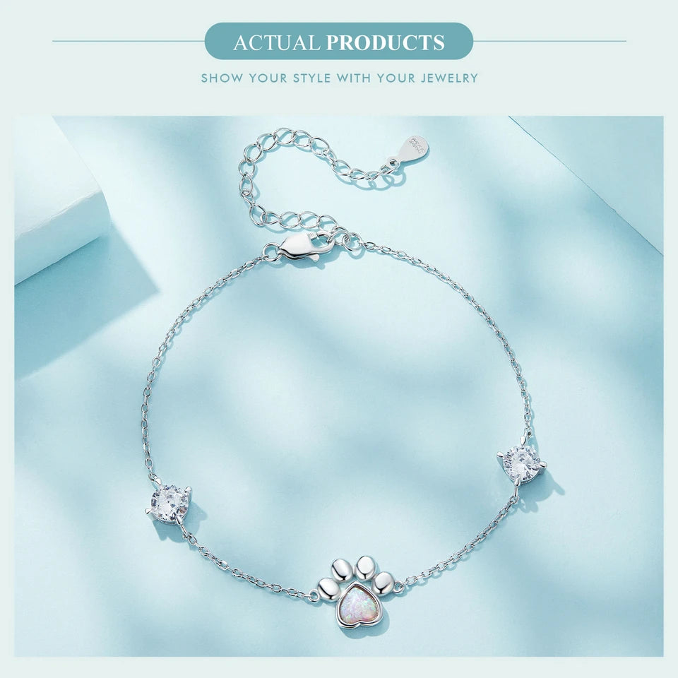 Sterling Silver Cut White Opal Cat Dog Paw Charm Bracelet For Women Fine Jewelry - PeticaDeals