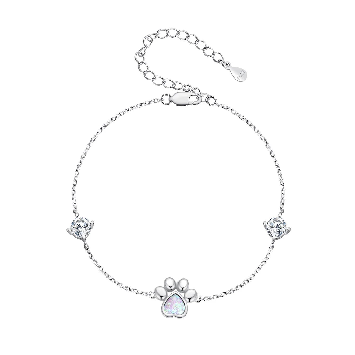 Sterling Silver Cut White Opal Cat Dog Paw Charm Bracelet For Women Fine Jewelry - PeticaDeals