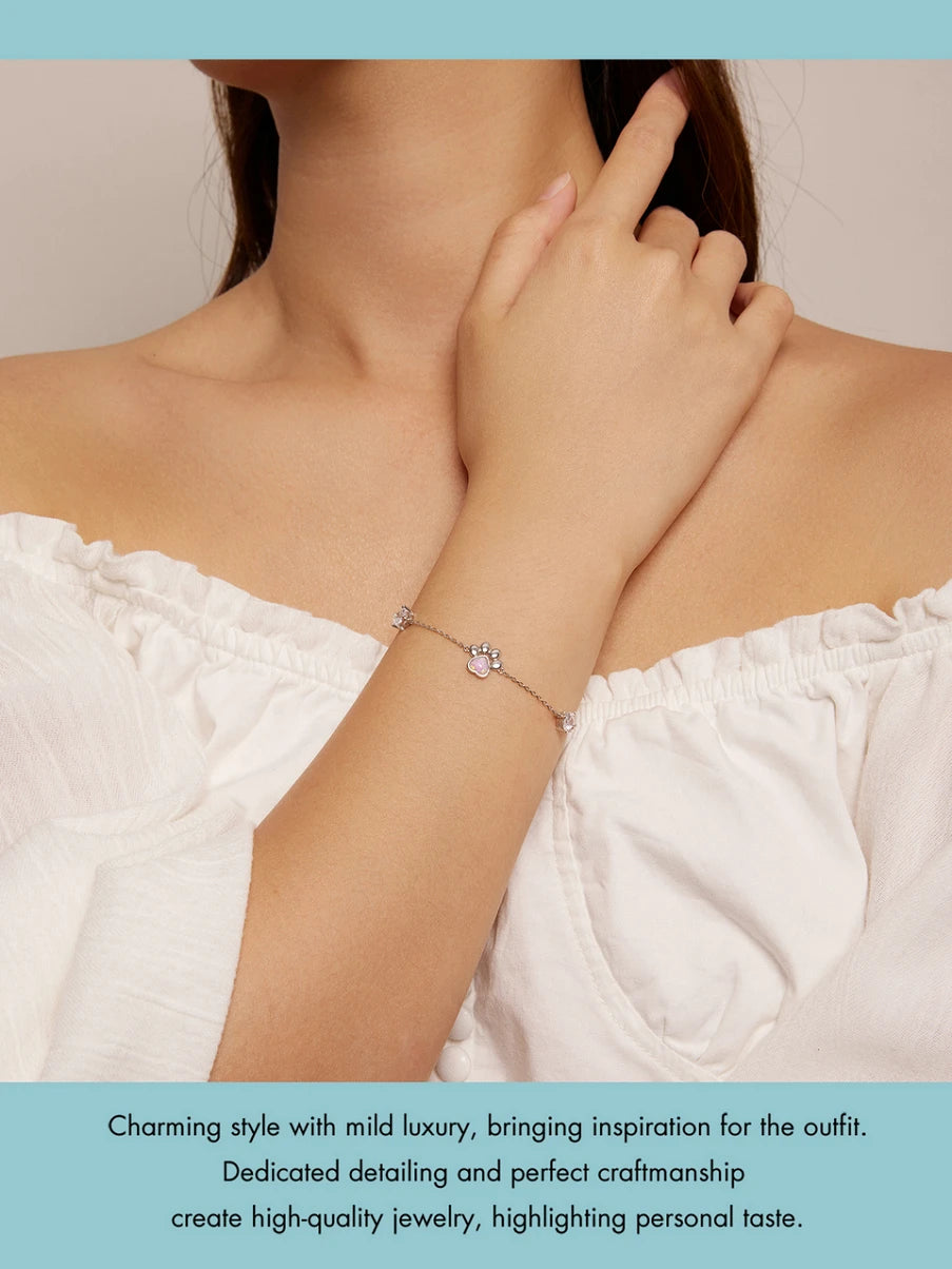Sterling Silver Cut White Opal Cat Dog Paw Charm Bracelet For Women Fine Jewelry - PeticaDeals