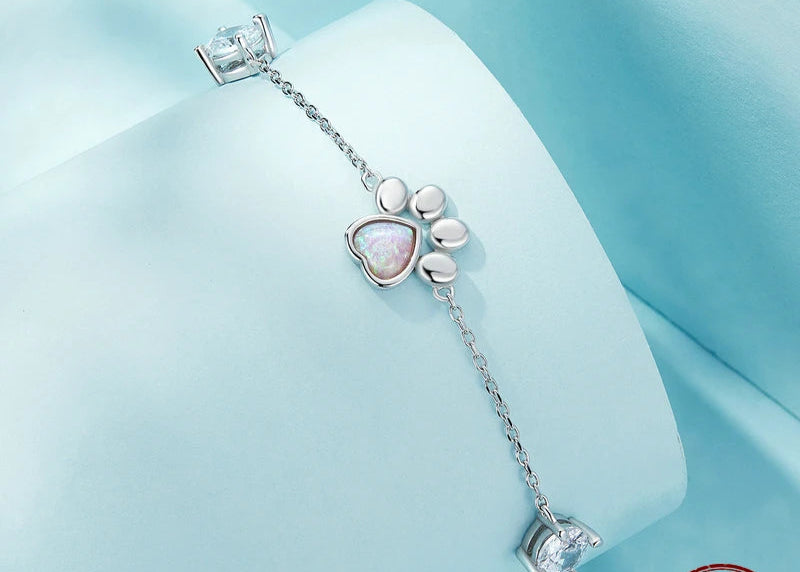 Sterling Silver Cut White Opal Cat Dog Paw Charm Bracelet For Women Fine Jewelry - PeticaDeals