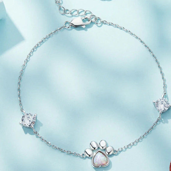 Sterling Silver Cut White Opal Cat Dog Paw Charm Bracelet For Women Fine Jewelry - PeticaDeals