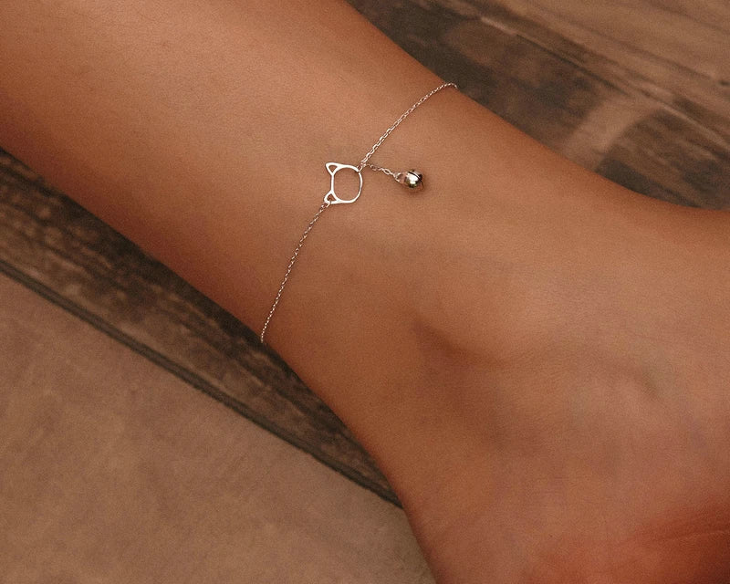 Sterling Silver Cute Cat Anklet Beaded Foot Jewelry For Women - PeticaDeals