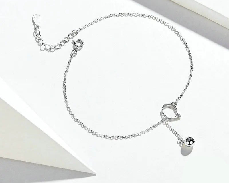 Sterling Silver Cute Cat Anklet Beaded Foot Jewelry For Women - PeticaDeals