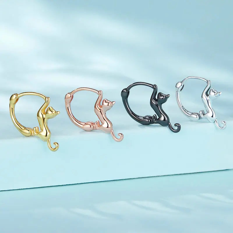 Sterling Silver Cute Cat Earrings Oxidation Shining Ear Bells Hypoallergenic for Women - PeticaDeals