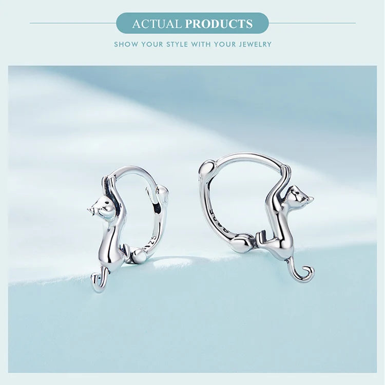 Sterling Silver Cute Cat Earrings Oxidation Shining Ear Bells Hypoallergenic for Women - PeticaDeals
