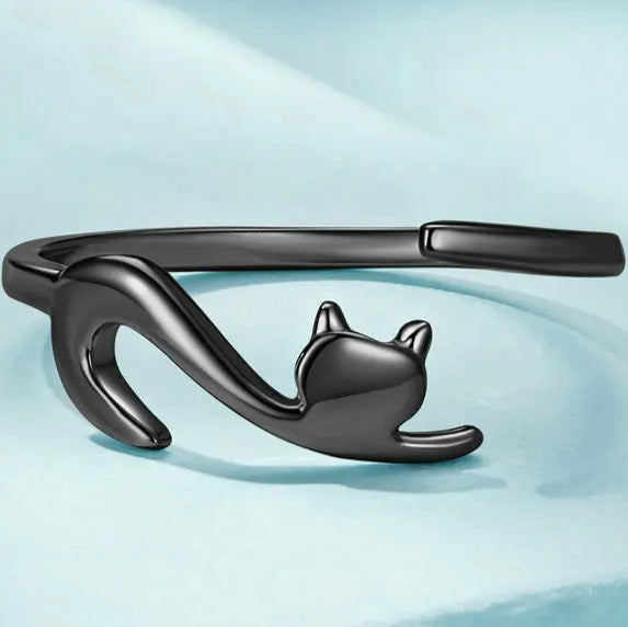 Sterling Silver Cute Cat Open Ring  3 Colors Adjustable Plated Platinum - PeticaDeals