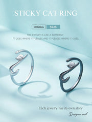 Sterling Silver Cute Cat Open Ring  3 Colors Adjustable Plated Platinum - PeticaDeals