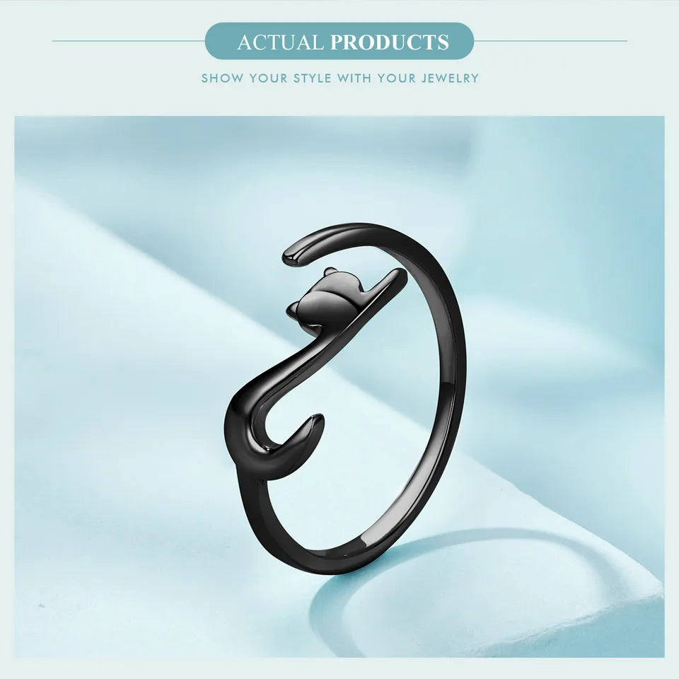 Sterling Silver Cute Cat Open Ring  3 Colors Adjustable Plated Platinum - PeticaDeals
