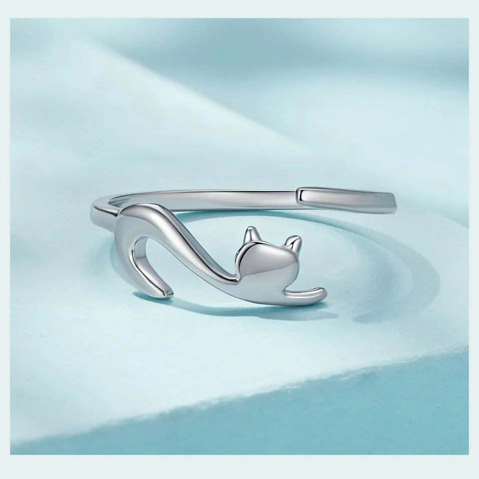 Sterling Silver Cute Cat Open Ring  3 Colors Adjustable Plated Platinum - PeticaDeals
