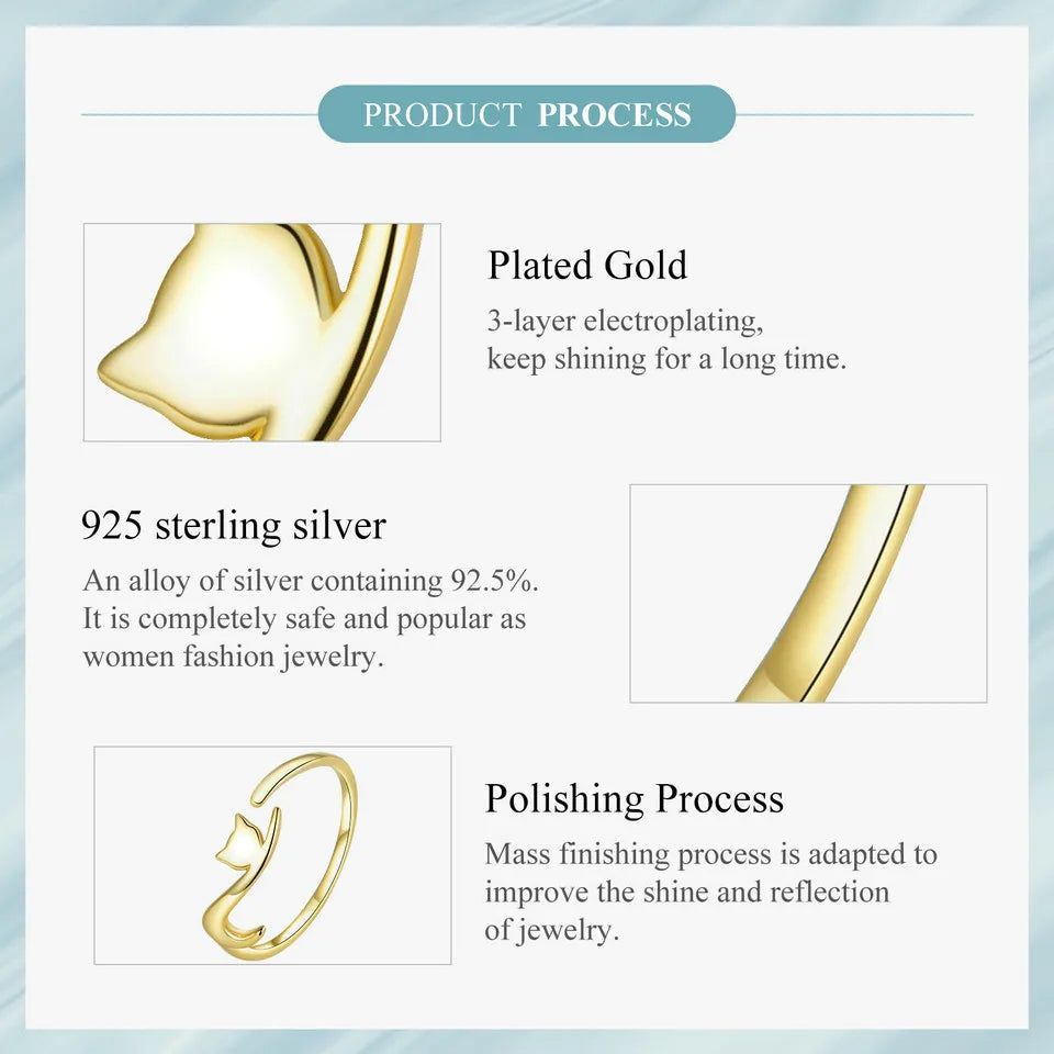 Sterling Silver Cute Cat Open Ring  3 Colors Adjustable Plated Platinum - PeticaDeals