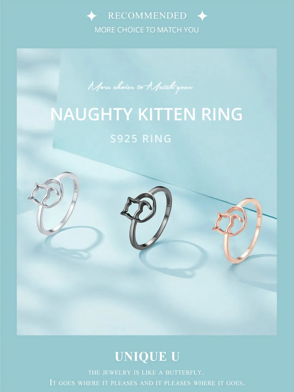 Sterling Silver Cute Cat Open Ring  3 Colors Adjustable Plated Platinum - PeticaDeals