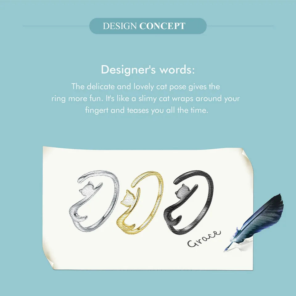 Sterling Silver Cute Cat Open Ring  3 Colors Adjustable Plated Platinum - PeticaDeals