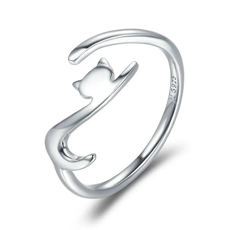 Sterling Silver Cute Cat Open Ring  3 Colors Adjustable Plated Platinum - PeticaDeals