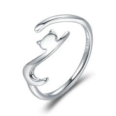 Sterling Silver Cute Cat Open Ring  3 Colors Adjustable Plated Platinum - PeticaDeals