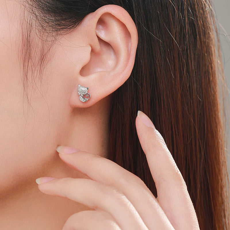 Sterling Silver Cute Cat Stud Earrings Charm Dazzling CZ Animal Earrings For Women Statement Fine Silver Jewelry - PeticaDeals