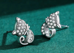 Sterling Silver Cute Cat Stud Earrings Charm Dazzling CZ Animal Earrings For Women Statement Fine Silver Jewelry - PeticaDeals