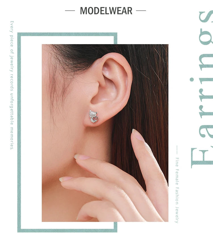Sterling Silver Cute Cat Stud Earrings Charm Dazzling CZ Animal Earrings For Women Statement Fine Silver Jewelry - PeticaDeals