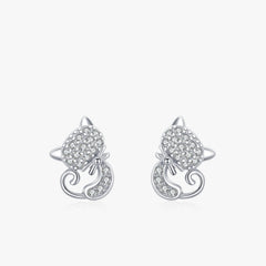 Sterling Silver Cute Cat Stud Earrings Charm Dazzling CZ Animal Earrings For Women Statement Fine Silver Jewelry - PeticaDeals