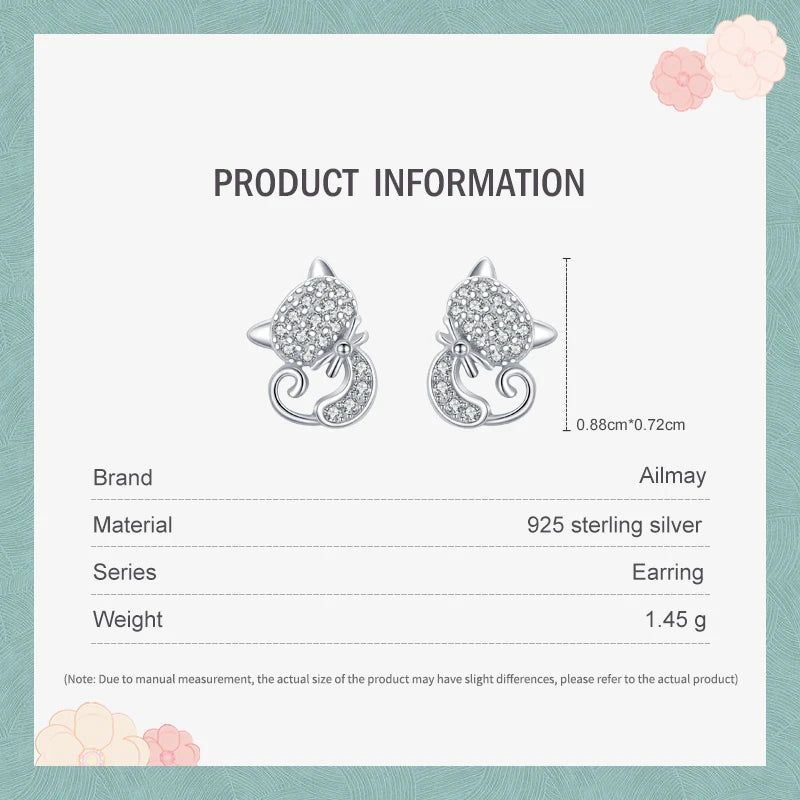 Sterling Silver Cute Cat Stud Earrings Charm Dazzling CZ Animal Earrings For Women Statement Fine Silver Jewelry - PeticaDeals