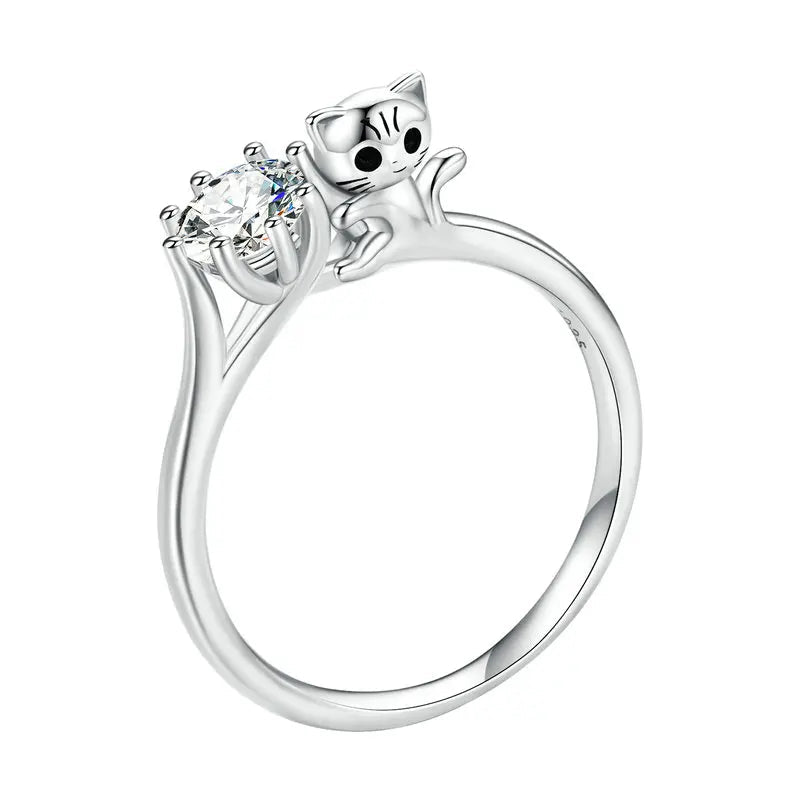 Sterling Silver Cute Cat Zircon Rings Plated Platinum For Women Fashion Ring Fine - PeticaDeals