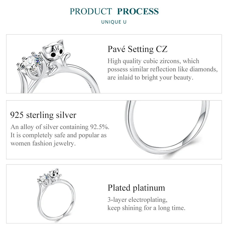 Sterling Silver Cute Cat Zircon Rings Plated Platinum For Women Fashion Ring Fine - PeticaDeals