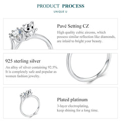 Sterling Silver Cute Cat Zircon Rings Plated Platinum For Women Fashion Ring Fine - PeticaDeals