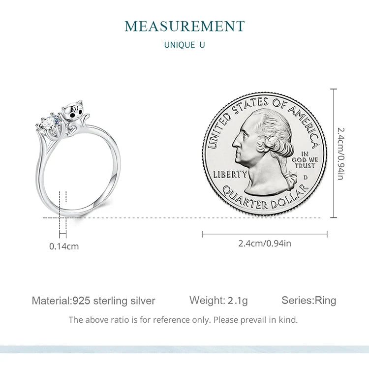 Sterling Silver Cute Cat Zircon Rings Plated Platinum For Women Fashion Ring Fine - PeticaDeals