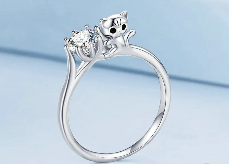 Sterling Silver Cute Cat Zircon Rings Plated Platinum For Women Fashion Ring Fine - PeticaDeals