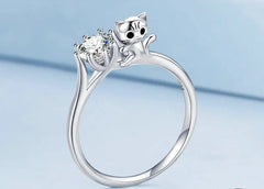 Sterling Silver Cute Cat Zircon Rings Plated Platinum For Women Fashion Ring Fine - PeticaDeals