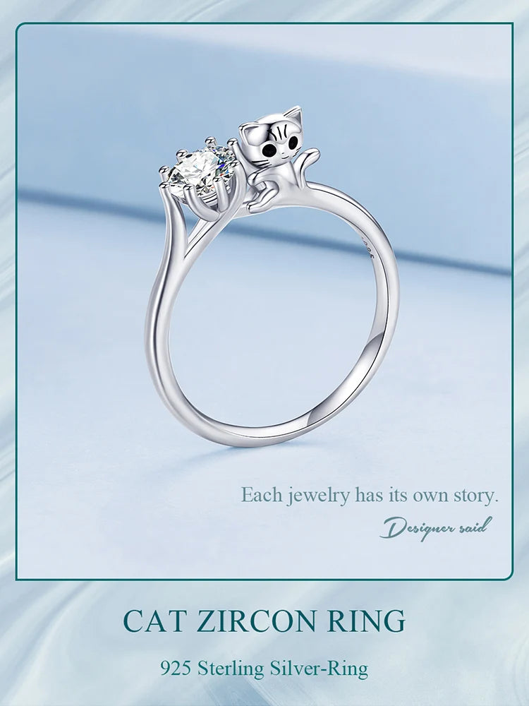 Sterling Silver Cute Cat Zircon Rings Plated Platinum For Women Fashion Ring Fine - PeticaDeals