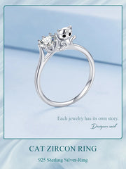Sterling Silver Cute Cat Zircon Rings Plated Platinum For Women Fashion Ring Fine - PeticaDeals
