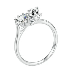 Sterling Silver Cute Cat Zircon Rings Plated Platinum For Women Fashion Ring Fine - PeticaDeals