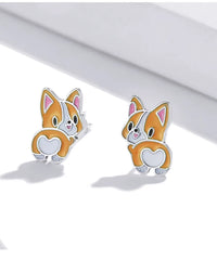 Sterling Silver Cute Corgi Open Ring Pet Animal Stud Earrings Enamel for Women - PeticaDeals