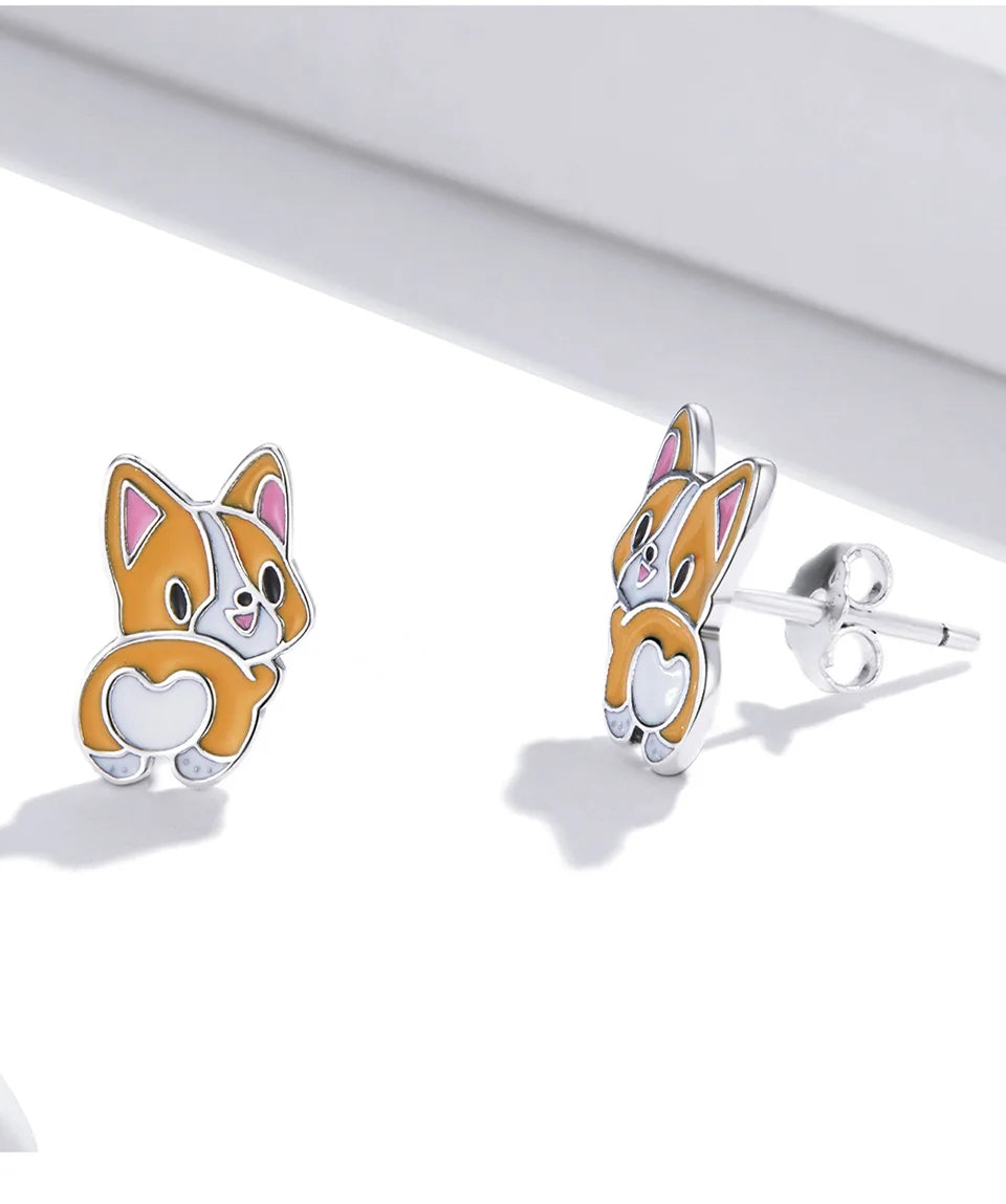 Sterling Silver Cute Corgi Open Ring Pet Animal Stud Earrings Enamel for Women - PeticaDeals