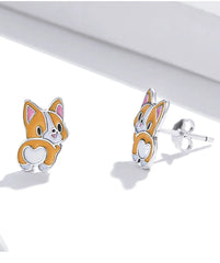 Sterling Silver Cute Corgi Open Ring Pet Animal Stud Earrings Enamel for Women - PeticaDeals