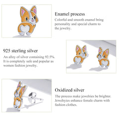 Sterling Silver Cute Corgi Open Ring Pet Animal Stud Earrings Enamel for Women - PeticaDeals