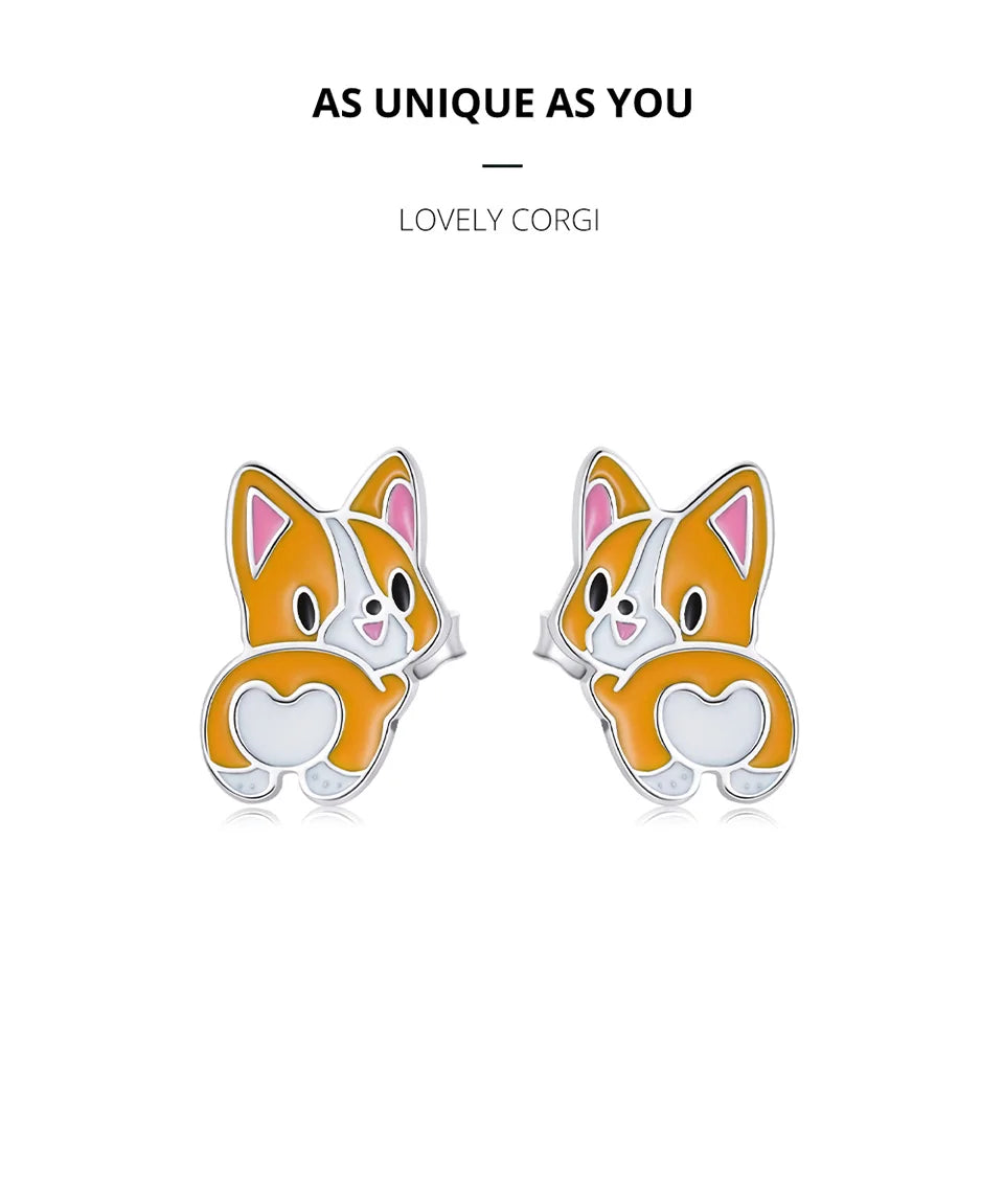 Sterling Silver Cute Corgi Open Ring Pet Animal Stud Earrings Enamel for Women - PeticaDeals