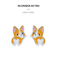 Sterling Silver Cute Corgi Open Ring Pet Animal Stud Earrings Enamel for Women - PeticaDeals